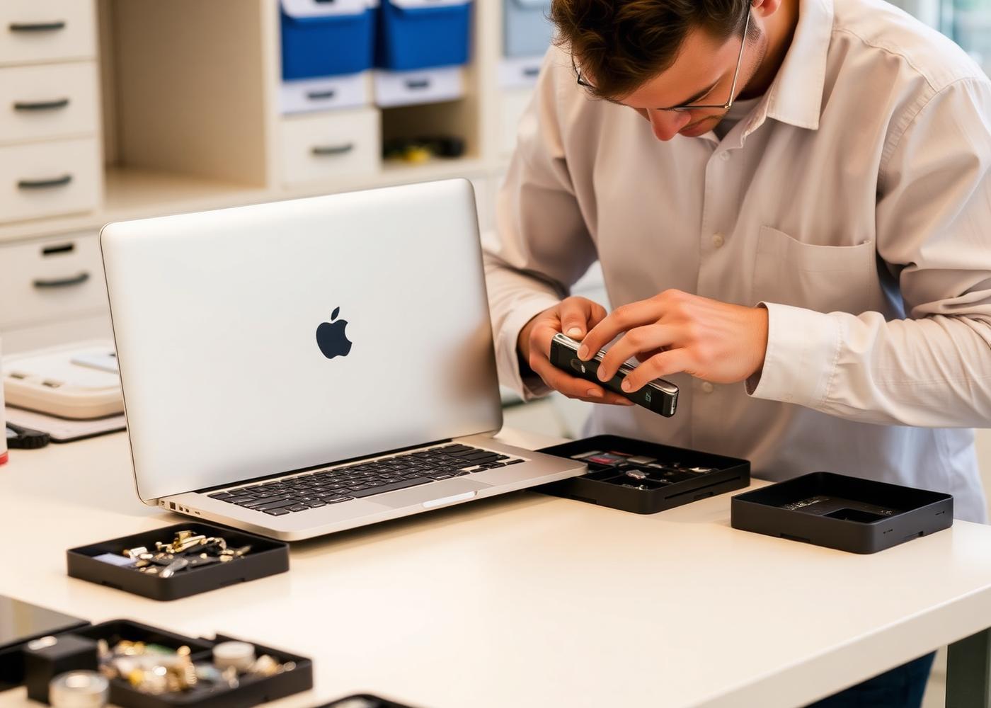 Technician working on a MacBook and a smartphone in a repair workshop